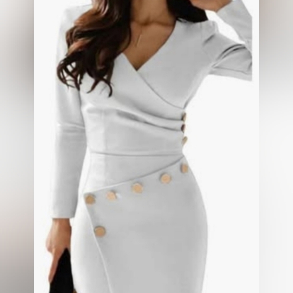 Llady White Long Sleeve Bodycon Midi dress with v neck w/Gold buttons - Picture 2 of 6